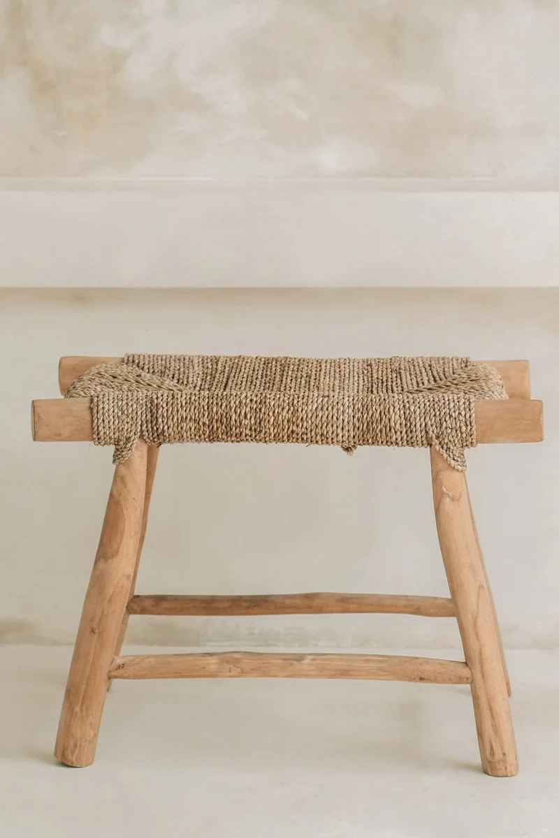 Taburete de madera de teca y junco marino natural 60 cm - Imagen 8
