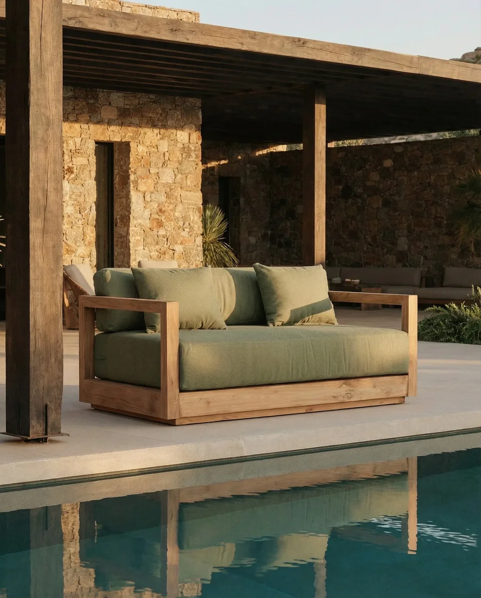 Sofá de exterior de 2 plazas de teca reciclada verde alga 142 cm - Imagen 3