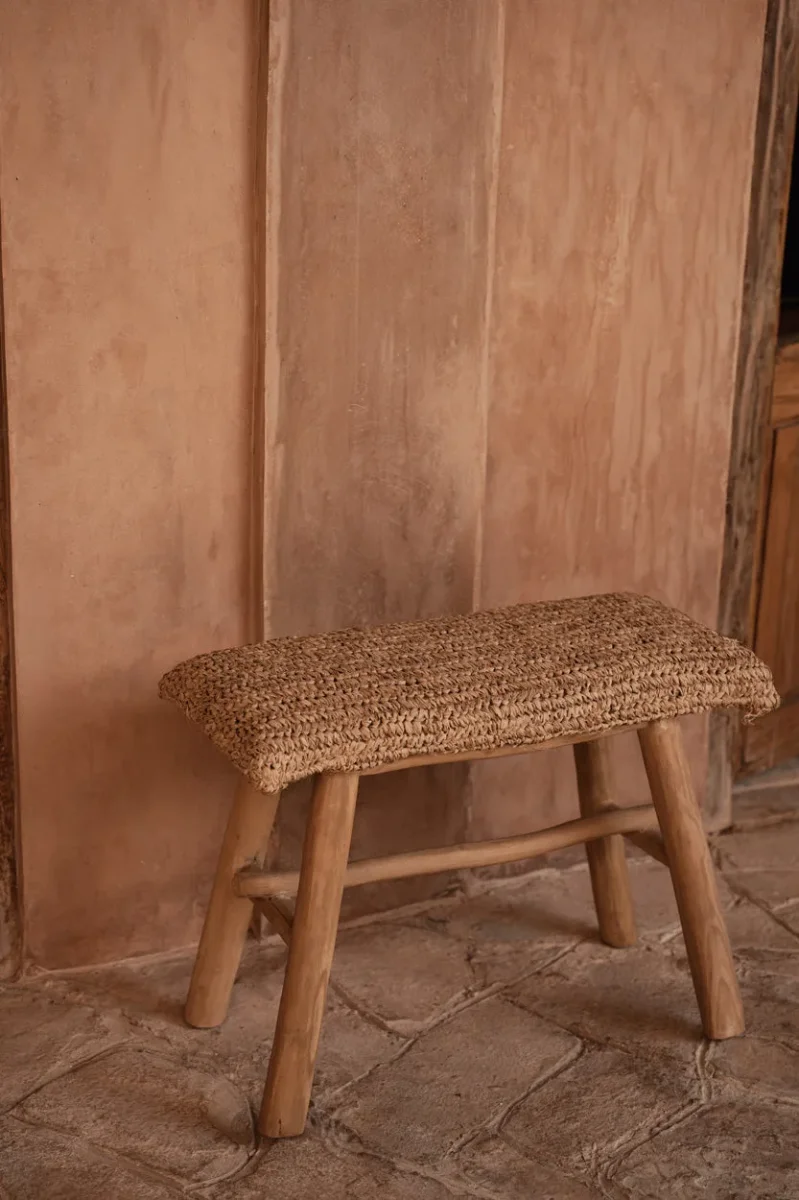 Banco de madera de teca y rafia natural 60 cm - Imagen 3