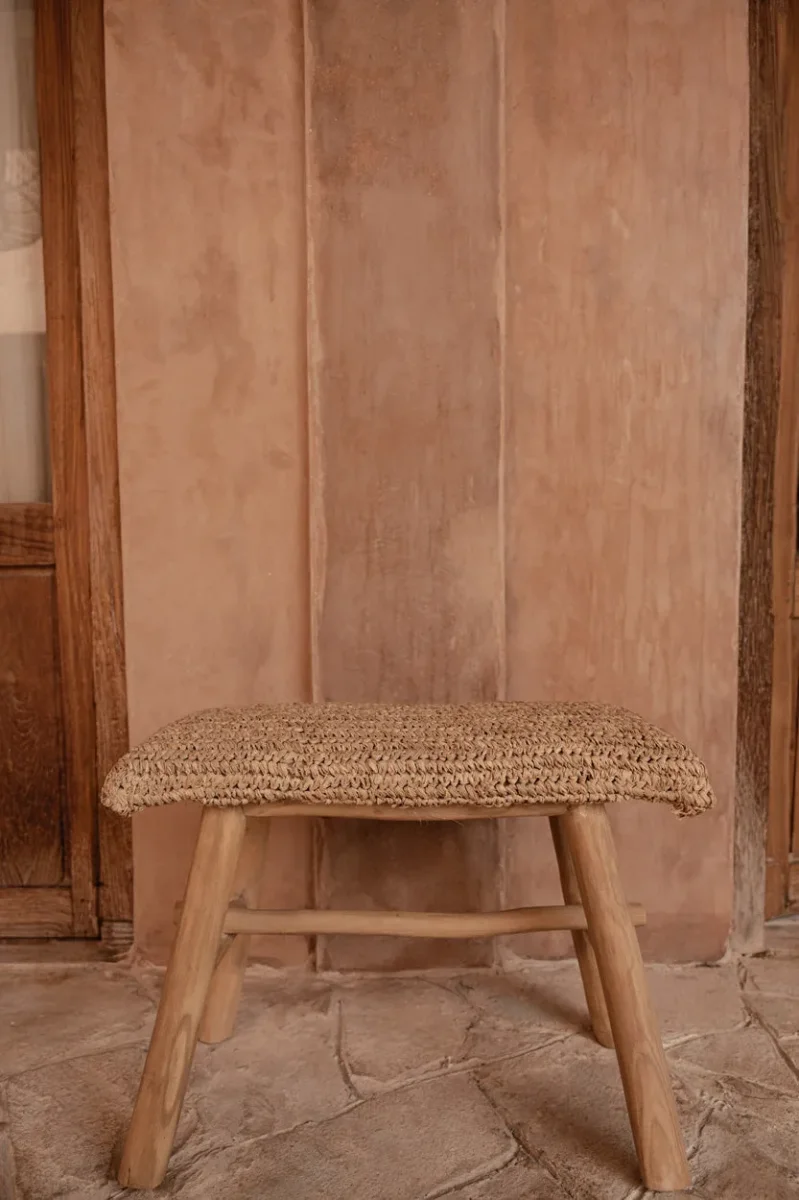 Banco de madera de teca y rafia natural 60 cm - Imagen 4