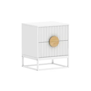 Buró Modelo Noma – Blanco, 2 Cajones con Lambrín y Jaladera de Madera | 42×35×50 cm