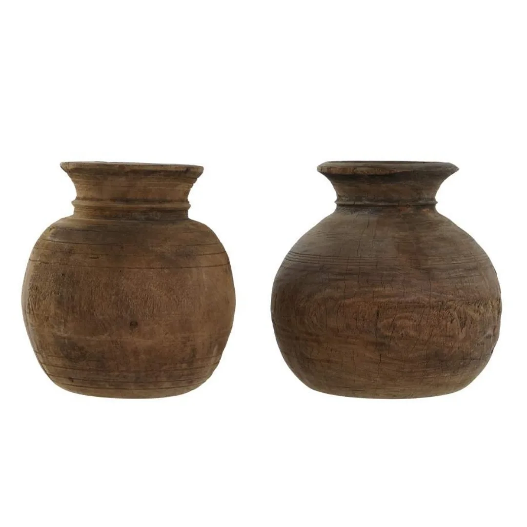 Set de 2 jarrones de teca antiguo Nepal 25X25X25