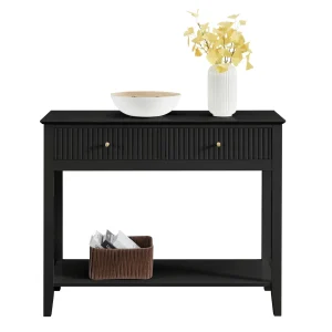 Credenza Recibidor Modelo Margot – Negro, 2 Cajones con Lambrín y Herrajes Dorados | 100×35×80 cm