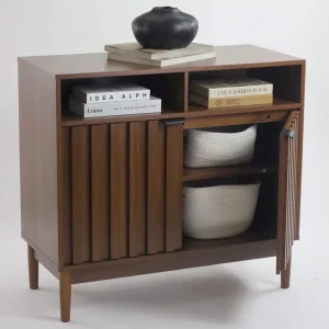 Credenza Bufetera Modelo Arno – Color Nogal, 2 Puertas y 2 Nichos, Herrajes Negros | 88x40x81
