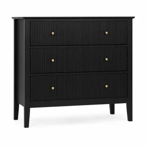 Cómoda Modelo Margot – Negra, 3 Cajones con Lambrín y Herrajes Dorados | 90×40×80 cm