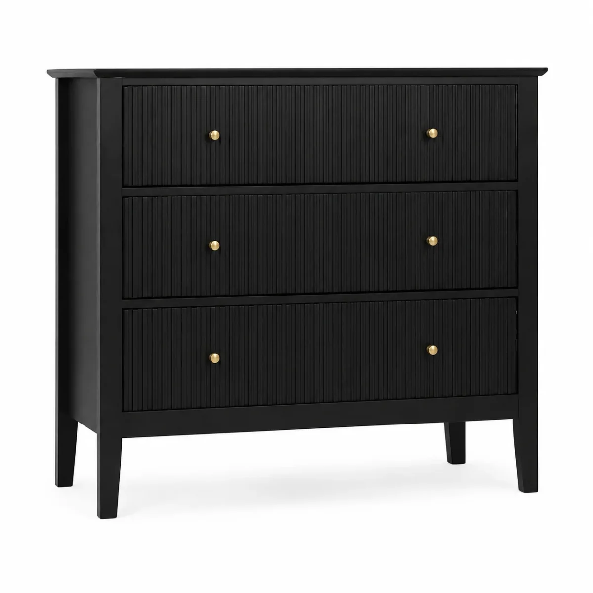 Cómoda Modelo Margot – Negra, 3 Cajones con Lambrín y Herrajes Dorados | 90×40×80 cm