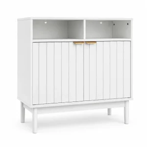 Credenza Bufetera Modelo Arno Blanca de Madera con 2 Puertas y Lambrín, Herrajes Dorados | 88×40×81 cm