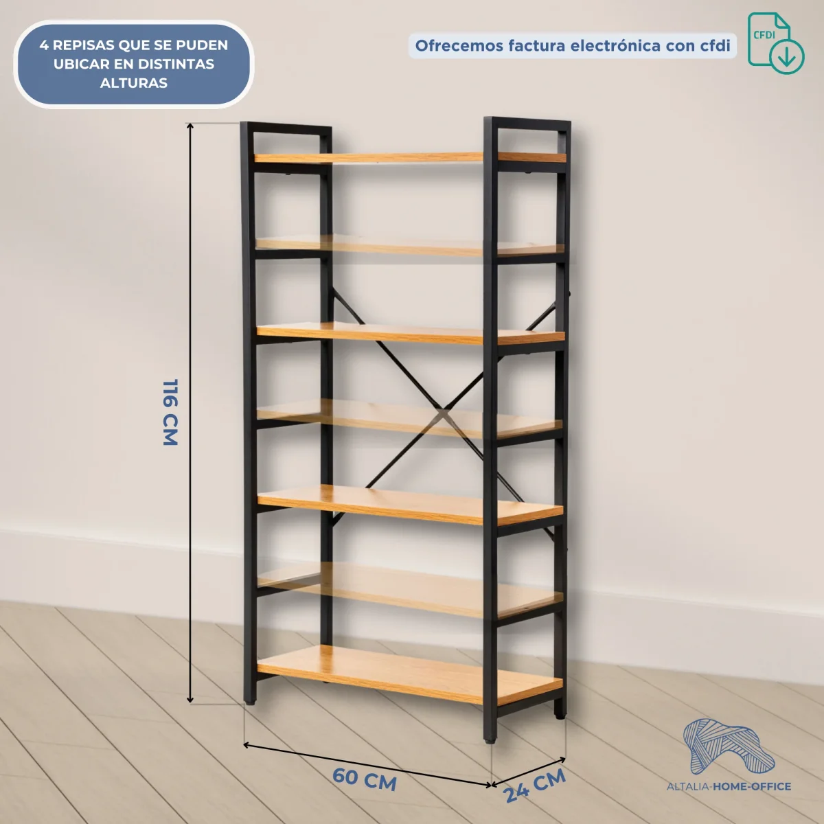 Librero Estantería Modelo Atlas – Café Claro, 4 Niveles y Estructura de acero | 60×24×116 cm - Imagen 4