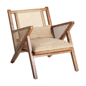 Sillón de madera y ratán con cojín de yute HICKORY