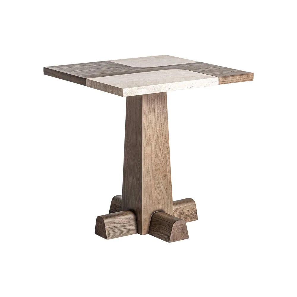 Mesa bar de roble y travertino cuadrada 70 cm KARPACZ - Imagen 4