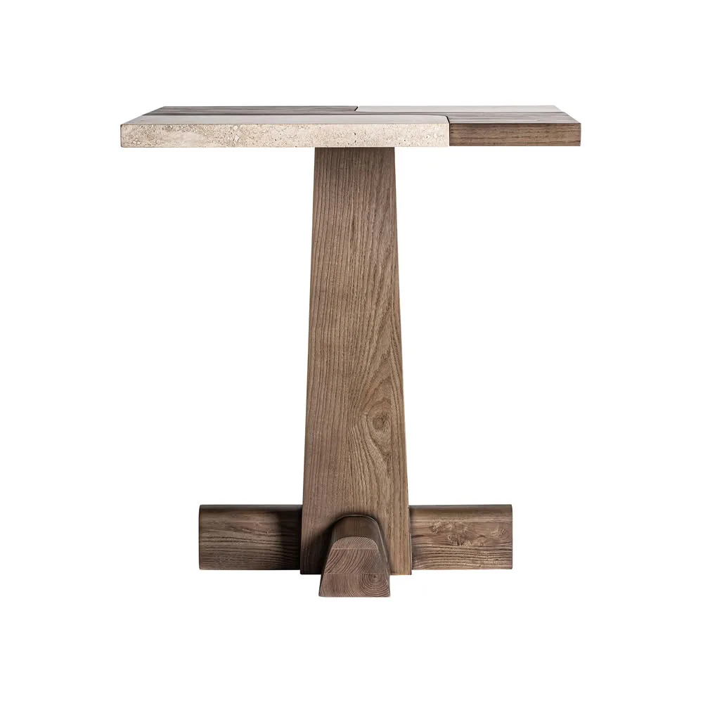 Mesa bar de roble y travertino cuadrada 70 cm KARPACZ
