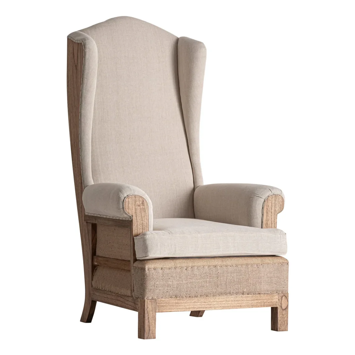 Sillón con respaldo alto de madera y lino Arbaz - Imagen 2