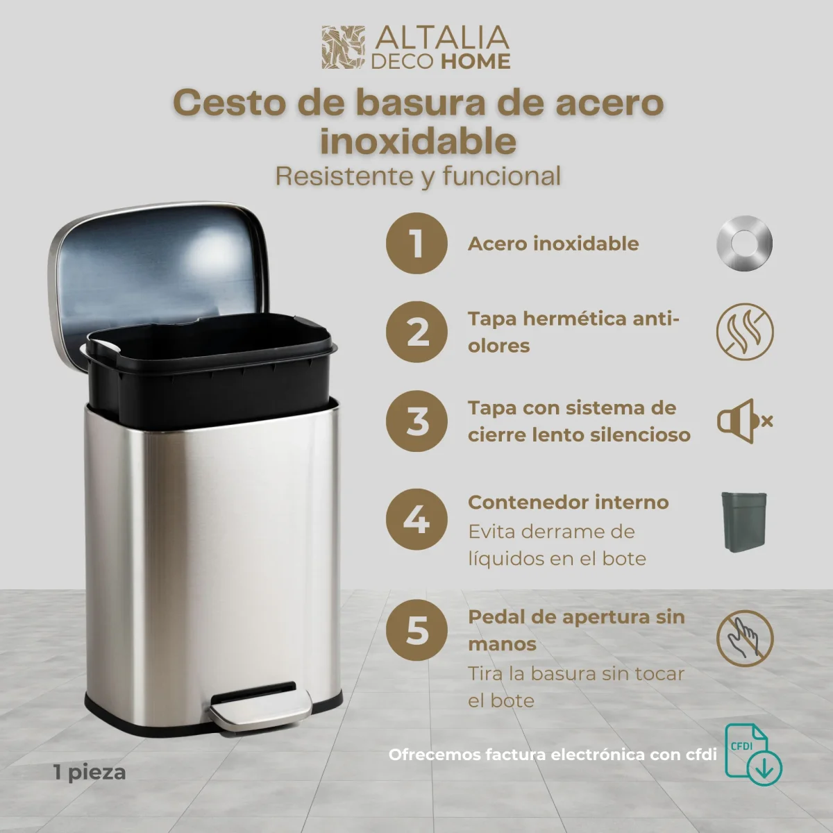 Bote de basura de acero inoxidable 5 y 12 Litros basurero con pedal y tapa - Imagen 4