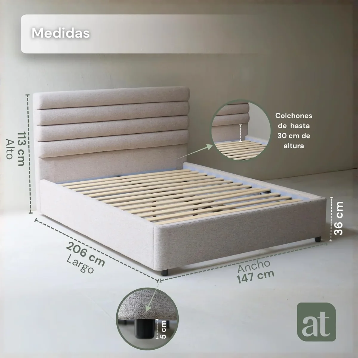 Base Cama con Cabecera Recamara Fácil Armado MATRIMONIAL - Imagen 3