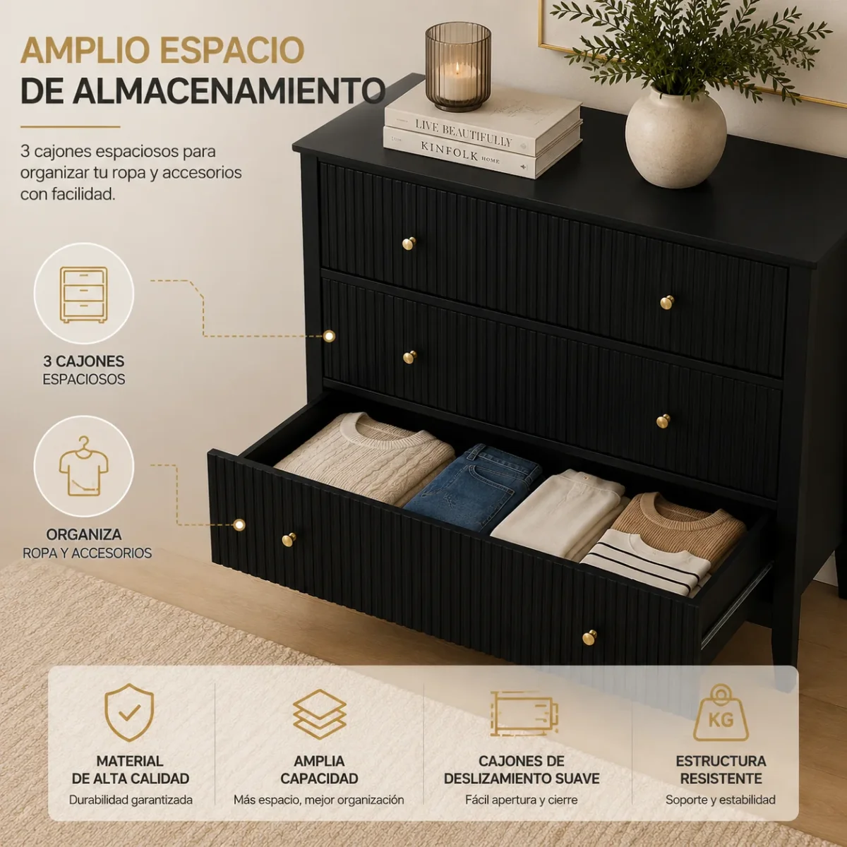 Cómoda Modelo Margot – Negra, 3 Cajones con Lambrín y Herrajes Dorados | 90×40×80 cm - Imagen 9