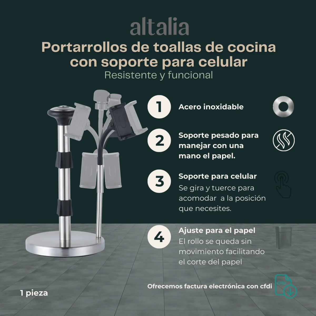 Porta Servitoallas Cocina Acero Inoxidable con Brazo Soporte para Ver Videos en Celular - Imagen 5