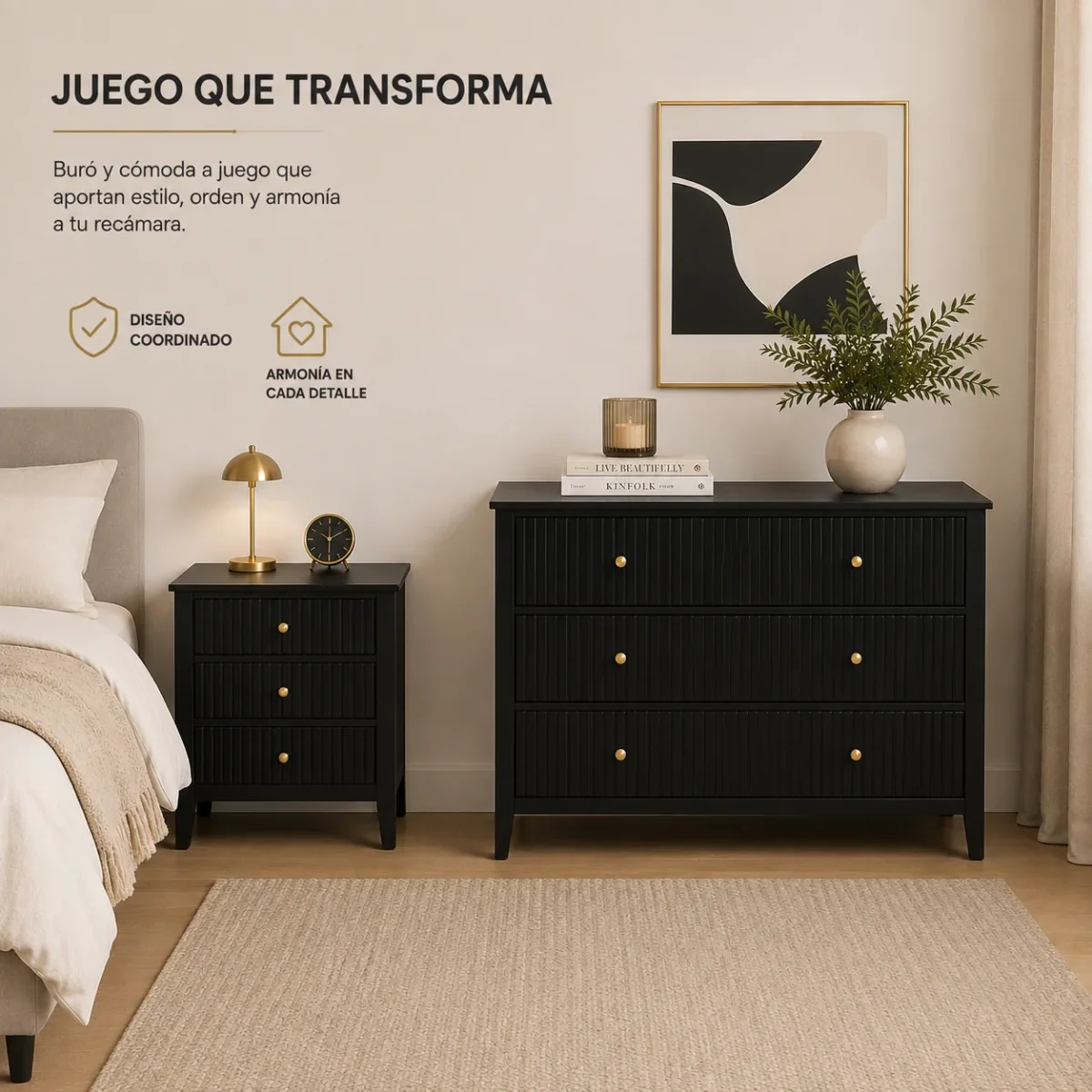 Cómoda Modelo Margot – Negra, 3 Cajones con Lambrín y Herrajes Dorados | 90×40×80 cm - Imagen 3