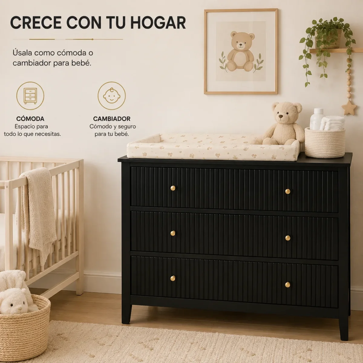 Cómoda Modelo Margot – Negra, 3 Cajones con Lambrín y Herrajes Dorados | 90×40×80 cm - Imagen 4