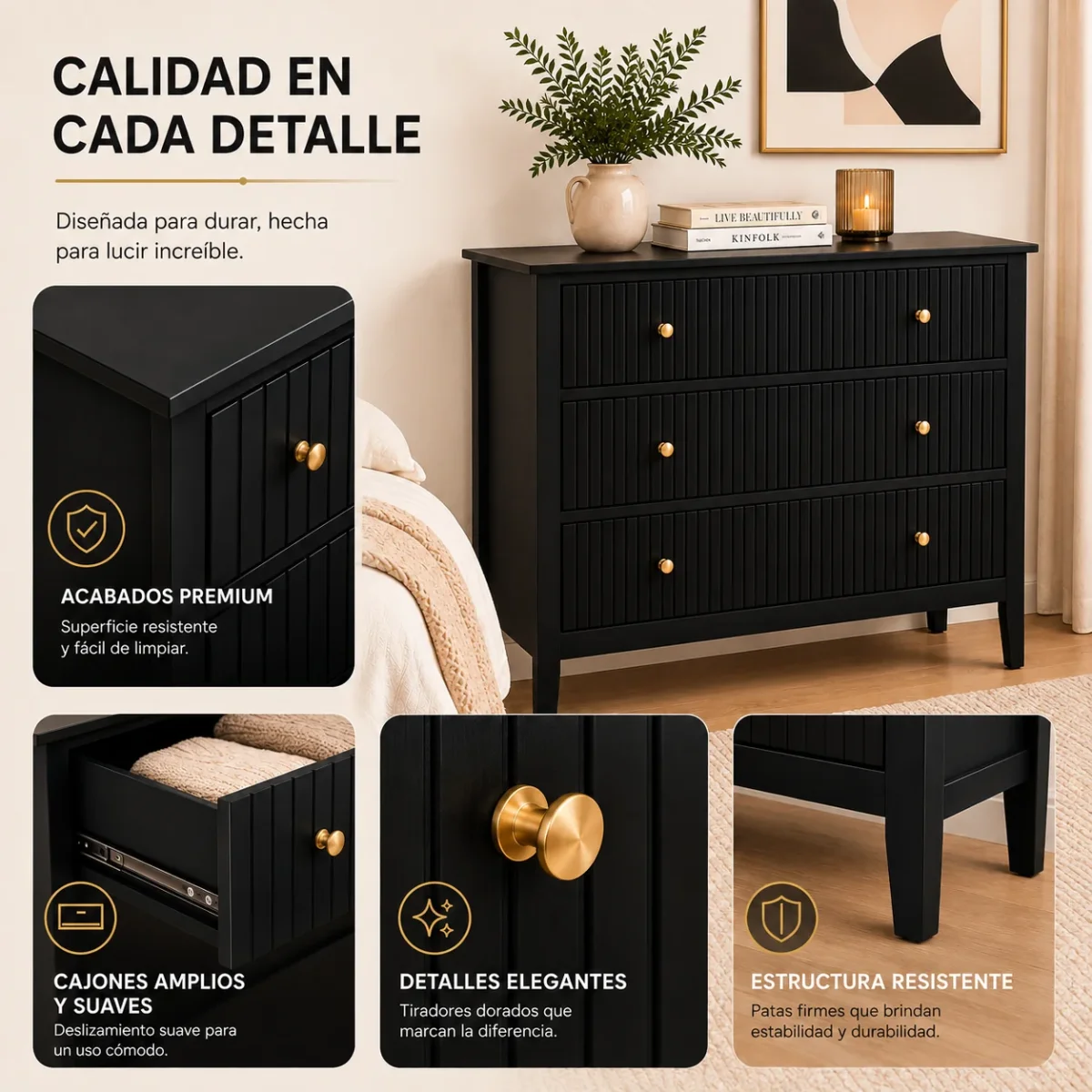 Cómoda Modelo Margot – Negra, 3 Cajones con Lambrín y Herrajes Dorados | 90×40×80 cm - Imagen 7