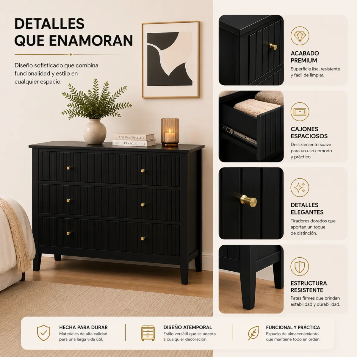 Cómoda Modelo Margot – Negra, 3 Cajones con Lambrín y Herrajes Dorados | 90×40×80 cm - Imagen 6