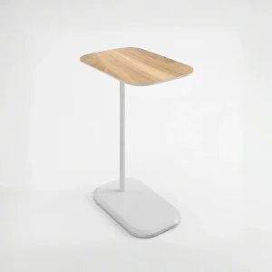 Mesa Auxiliar Lateral Modelo Cora – Blanco-Café Acero y Madera de Ingeniería | 48x30x64