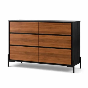 Cómoda Modelo Bruno – Negro y Café Nogal, 6 Cajones | 124×40×75 cm