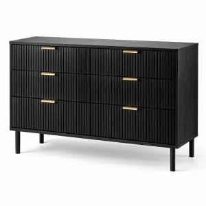 Cómoda Modelo Milo de Madera – Negro, 6 Cajones con Lambrín | 120×40×78 cm