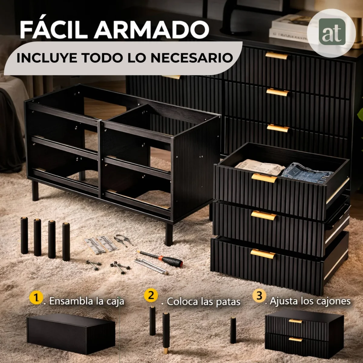 Cómoda Modelo Milo de Madera – Negro, 6 Cajones con Lambrín | 120×40×78 cm - Imagen 8
