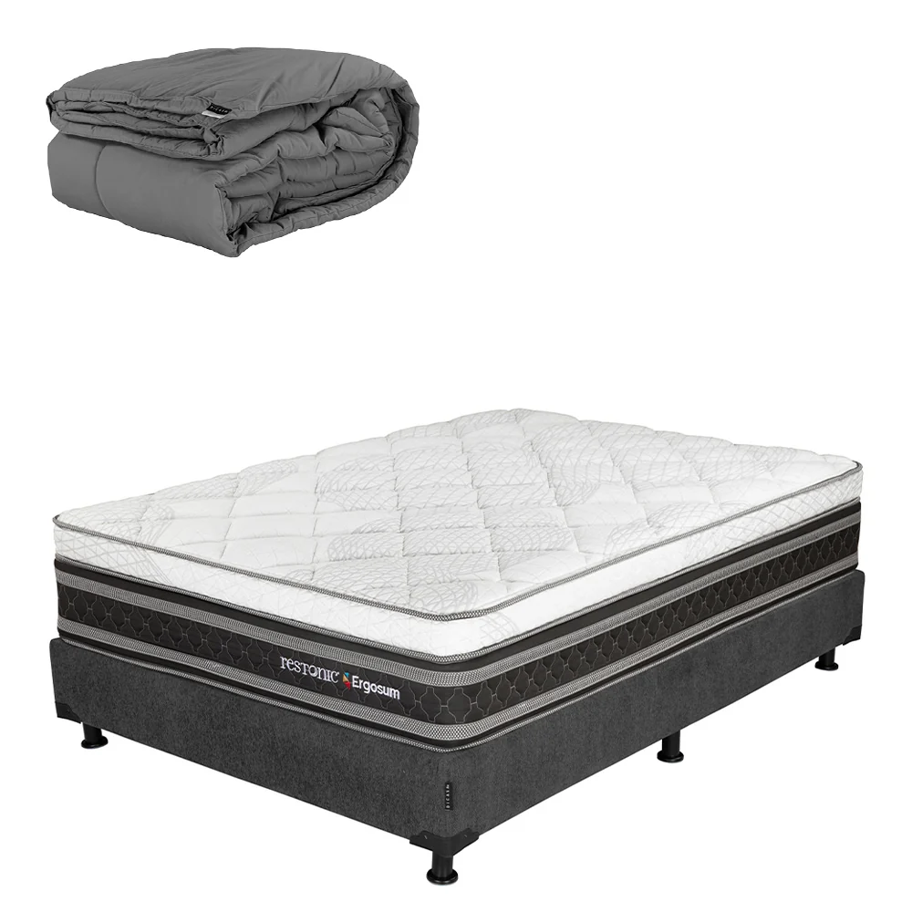 Colchón Restonic Ergosum Con Box Gris Carbón Con Ropa de Cama