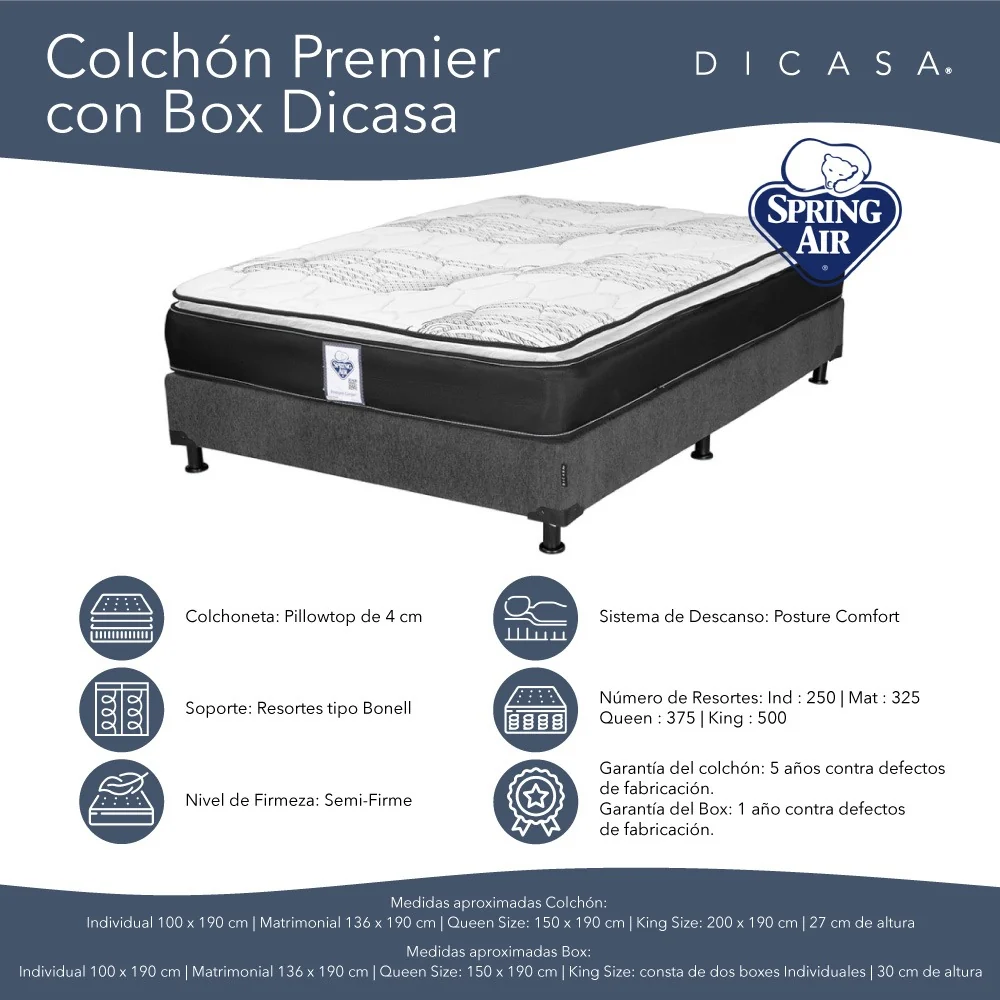 Colchón Spring Air Premier con Box Gris Oscuro con Ropa de Cama - Imagen 5