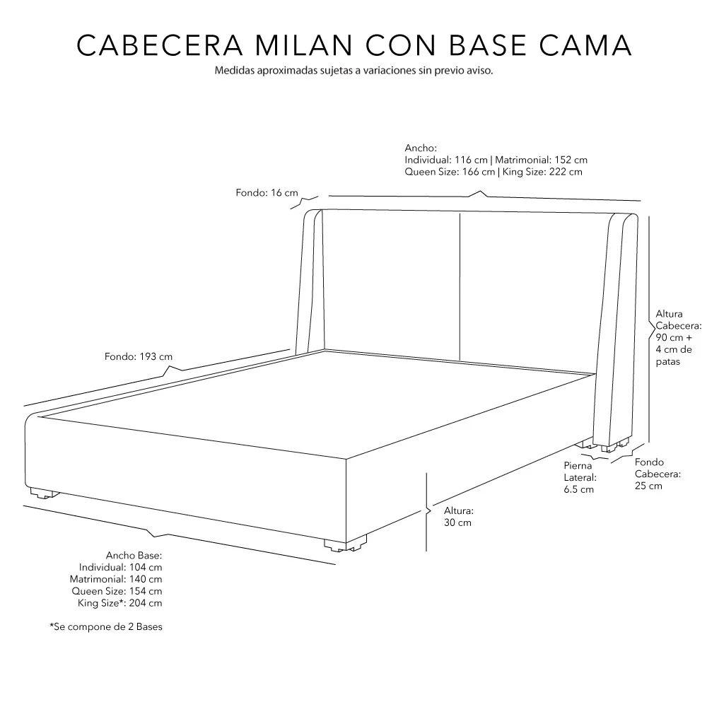 Cabecera Dicasa Milan con Base Cama con Colchón - Imagen 6