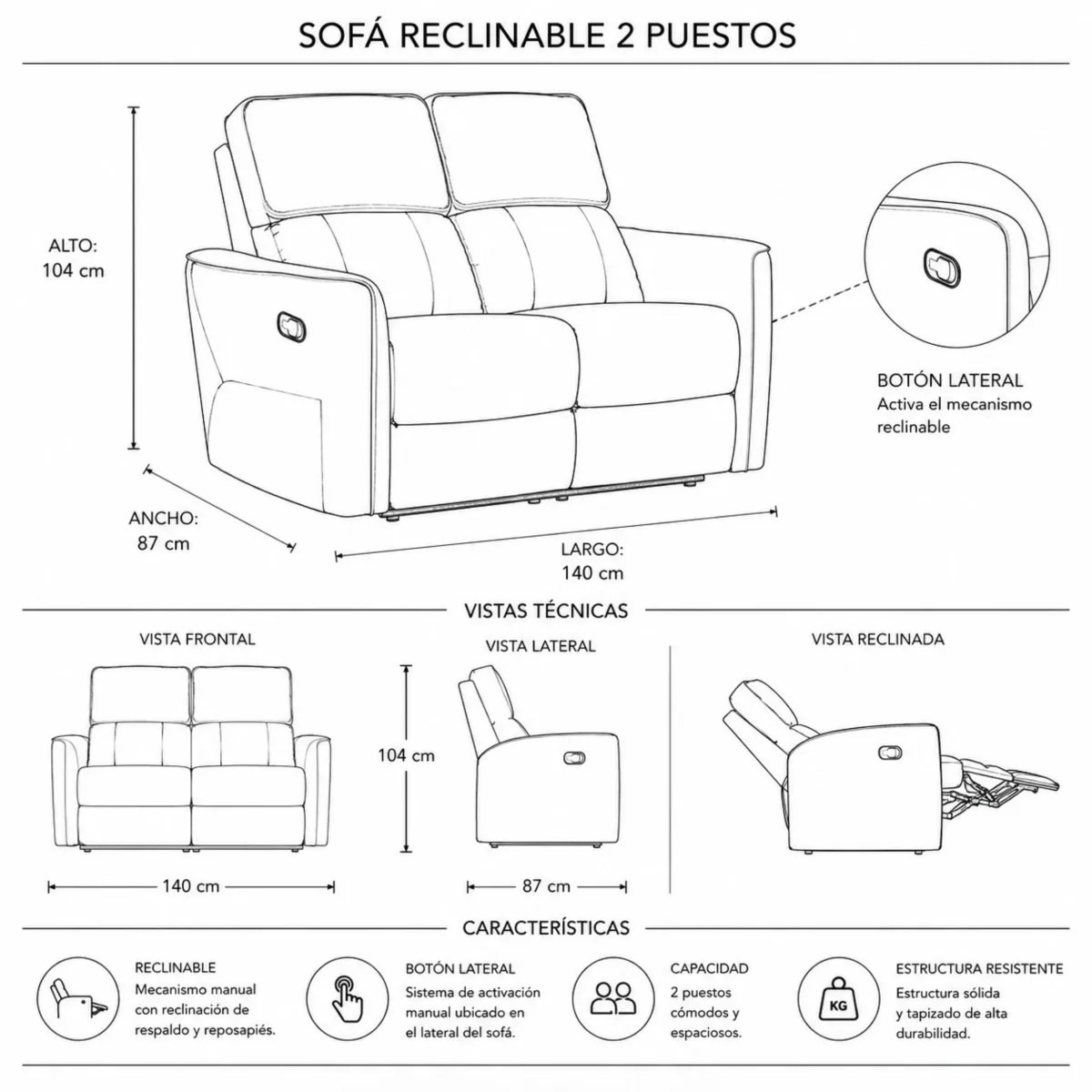 Sofá reclinable Mahon 2p - Imagen 8