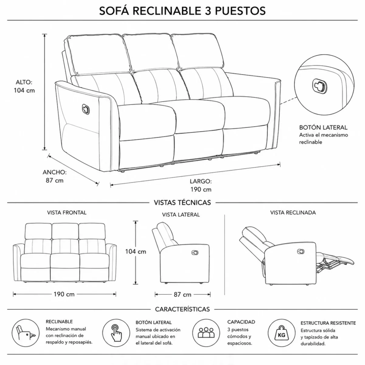Sofá Reclinable Mahon 3p - Imagen 8