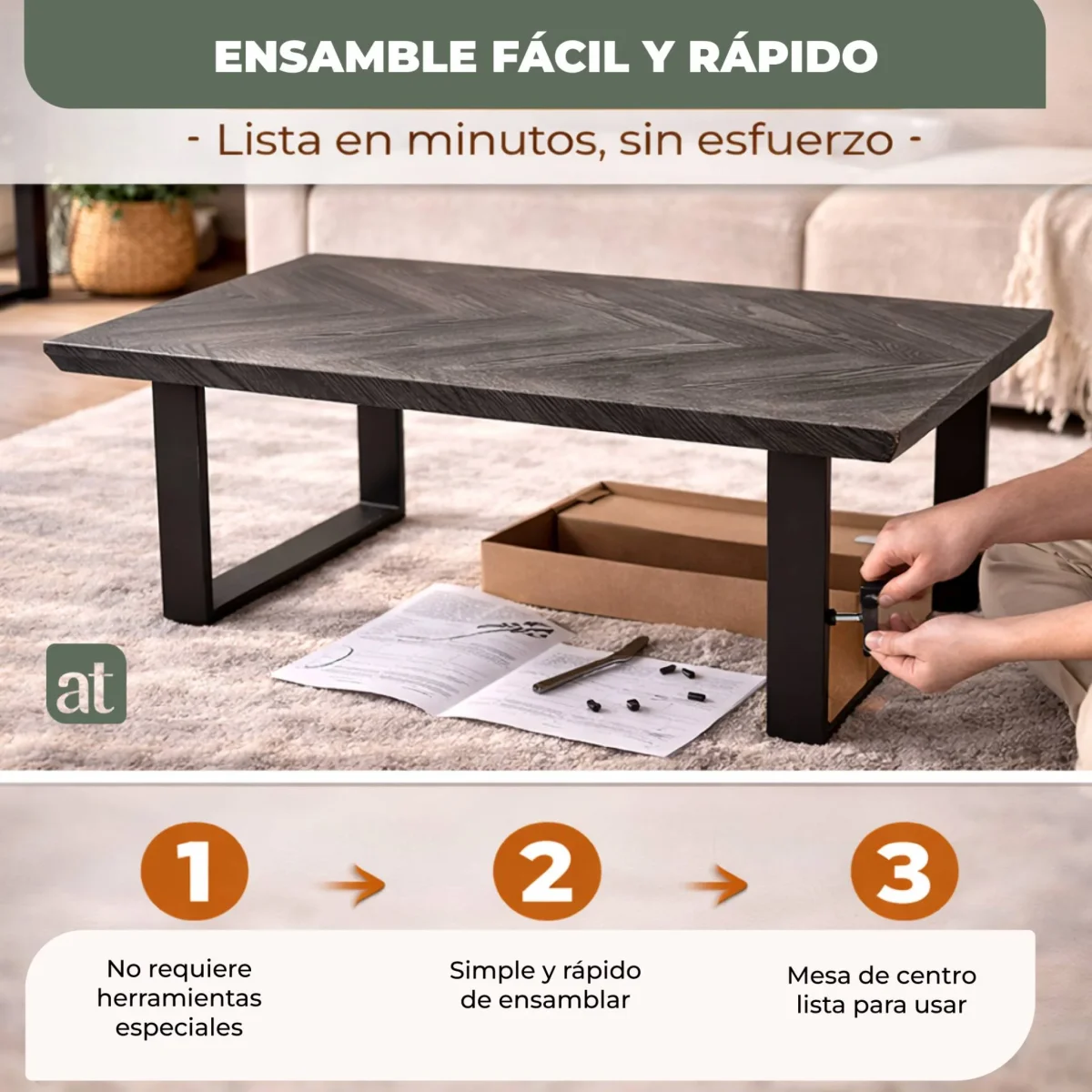 Mesa de Centro Rectangular Modelo Siena – Color Smoke Black, Diseño en Espiga y Base de Acero | 110×60×43 cm - Imagen 4