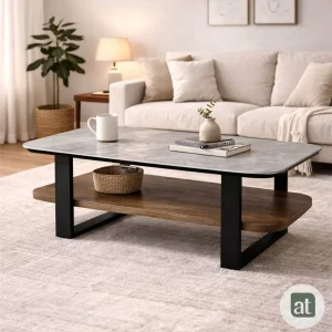 Mesa de Centro para Sala Modelo Pietra – Piedra Sinterizada Gris y MDF Color Nogal, 2 Repisas | 120×60×43 cm