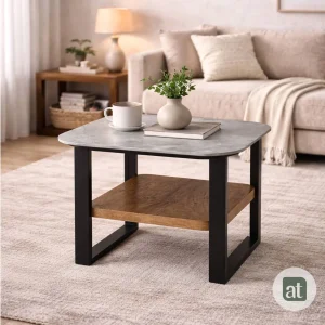 Mesa Auxiliar para Sala Modelo Pietra – Piedra Sinterizada Gris y MDF Color Nogal, 2 Repisas | 50×50×50 cm
