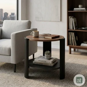 Mesa Auxiliar Redonda Modelo Luma – Color Nogal y Negro, 2 Repisas | Ø50×50 cm