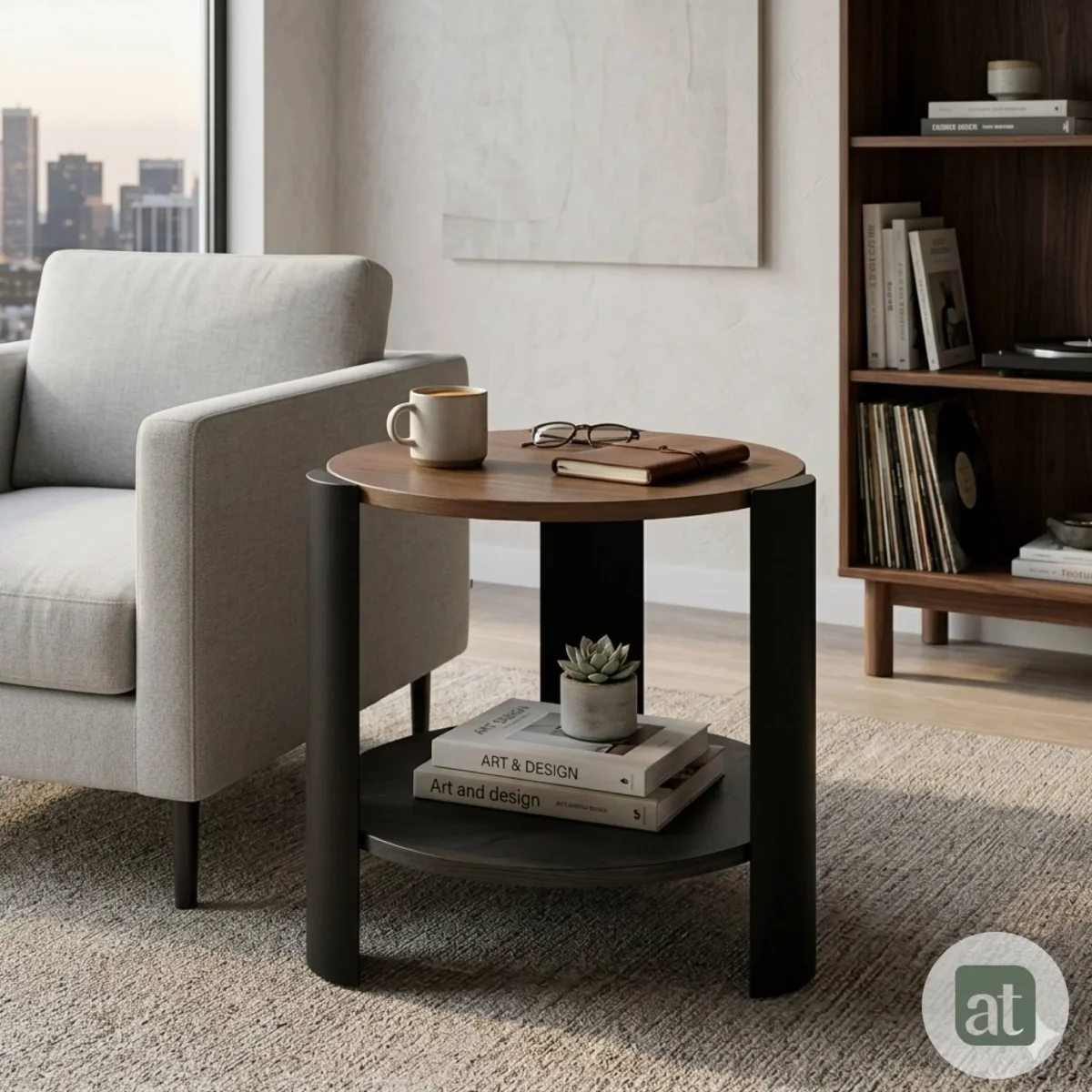 Mesa Auxiliar Redonda Modelo Luma – Color Nogal y Negro, 2 Repisas | Ø50×50 cm