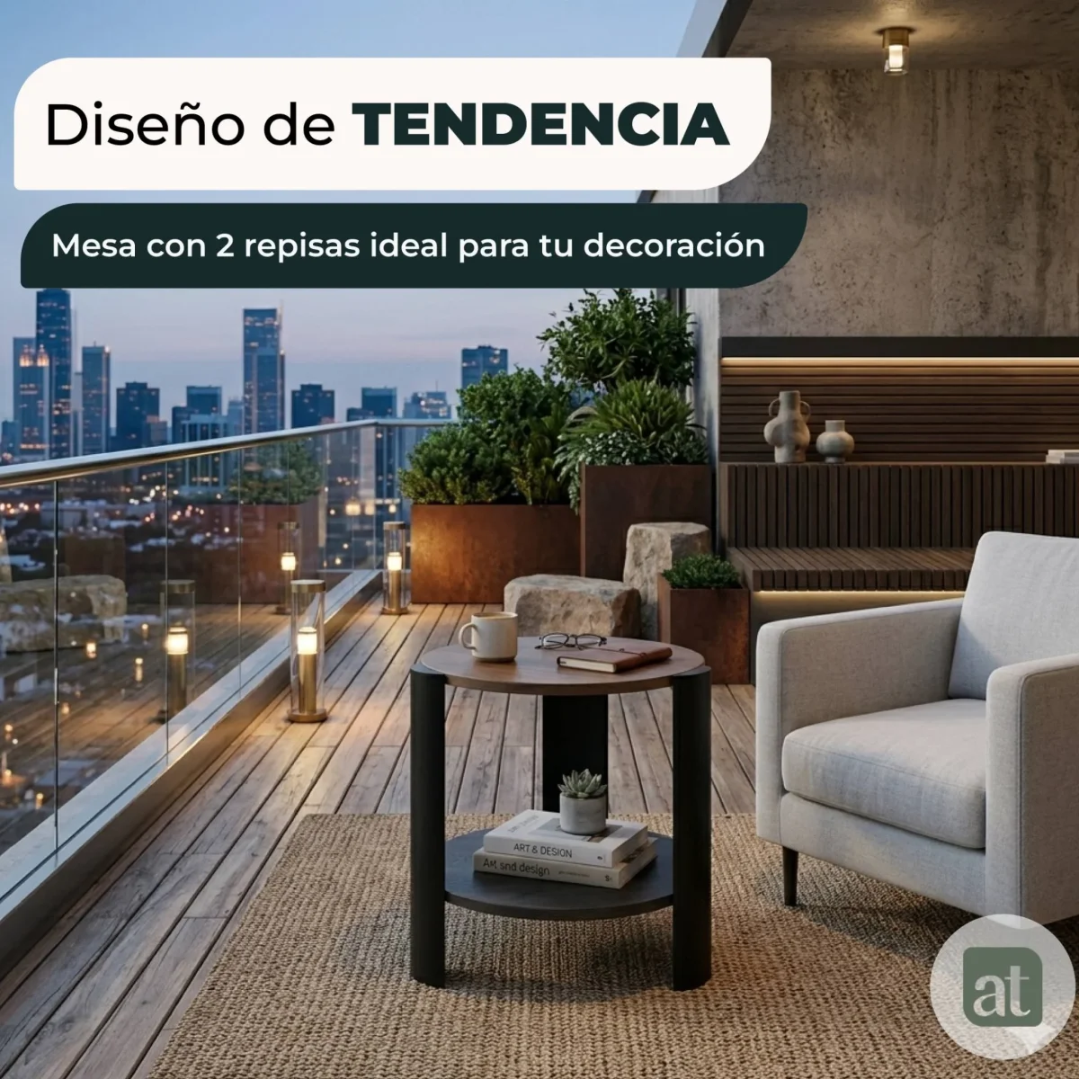 Mesa Auxiliar Redonda Modelo Luma – Color Nogal y Negro, 2 Repisas | Ø50×50 cm - Imagen 4