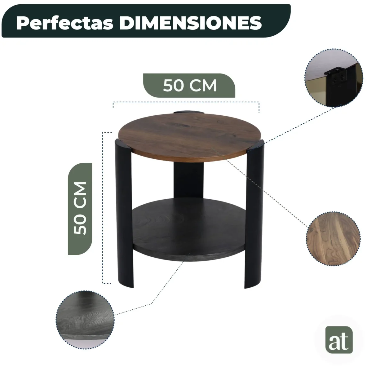Mesa Auxiliar Redonda Modelo Luma – Color Nogal y Negro, 2 Repisas | Ø50×50 cm - Imagen 5