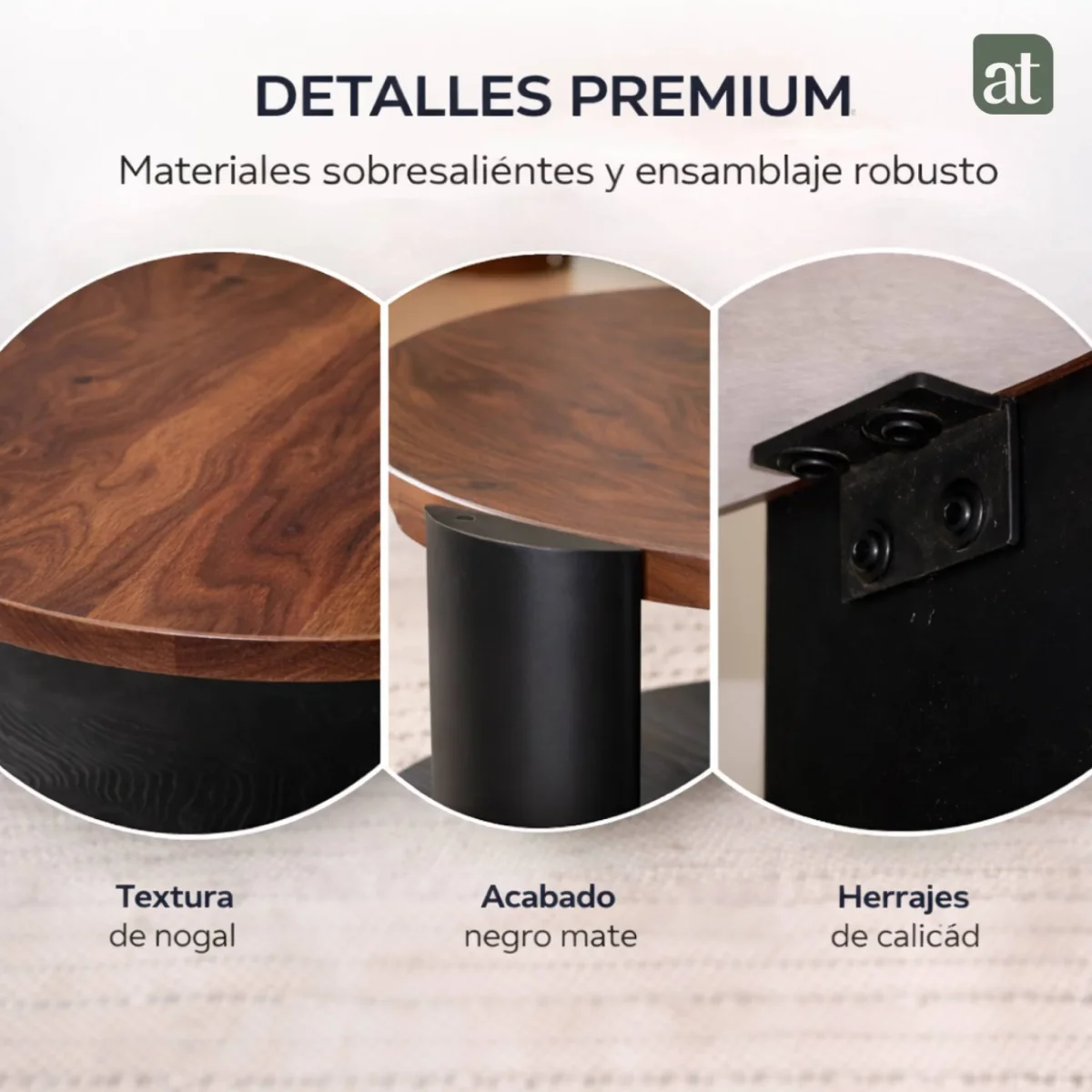 Mesa Auxiliar Redonda Modelo Luma – Color Nogal y Negro, 2 Repisas | Ø50×50 cm - Imagen 8