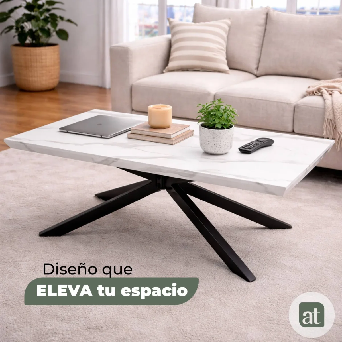 Mesa de Centro Modelo Vera – Efecto Cuarzo Blanco, Patas Gris Oscuro | 110×60×42 cm
