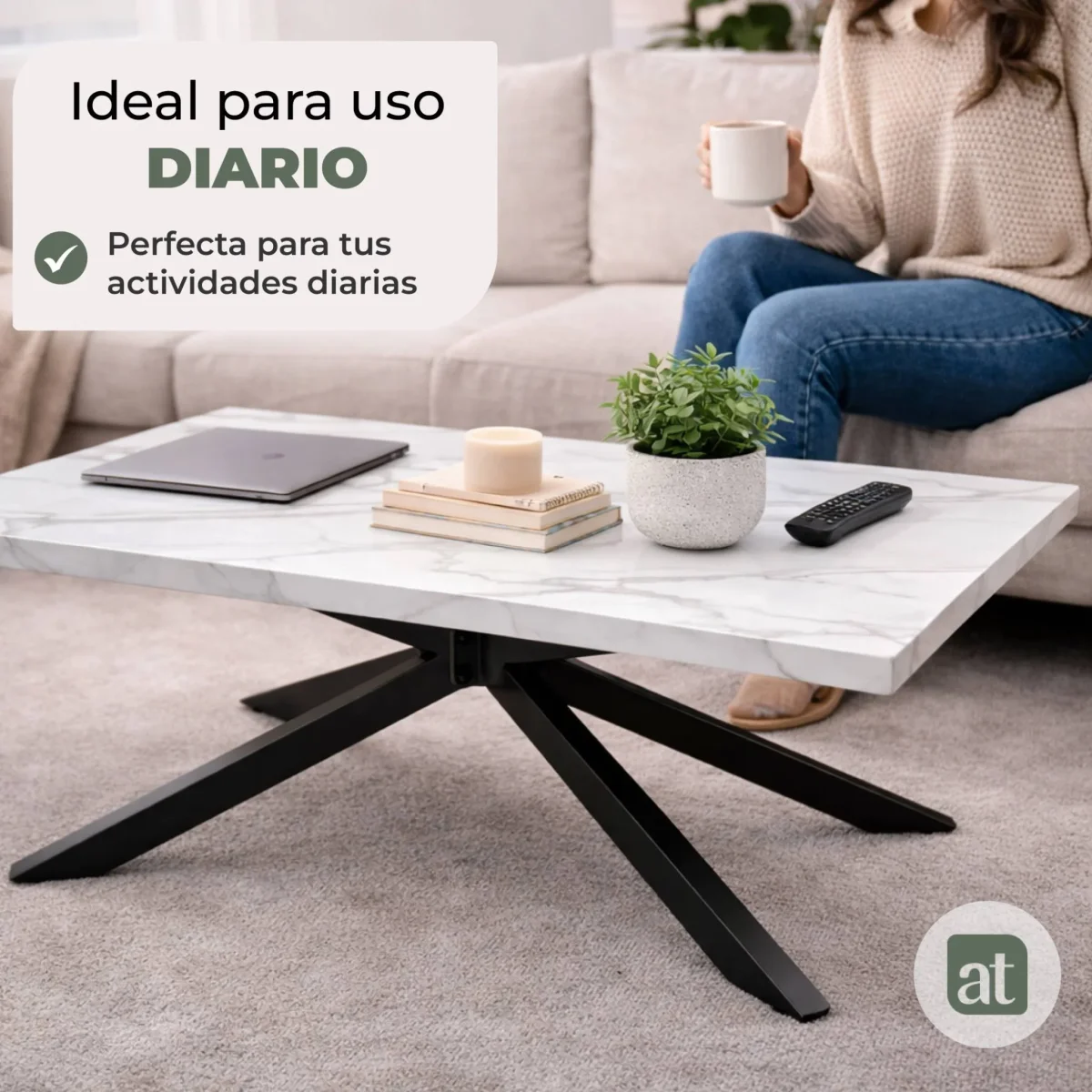 Mesa de Centro Modelo Vera – Efecto Cuarzo Blanco, Patas Gris Oscuro | 110×60×42 cm - Imagen 7