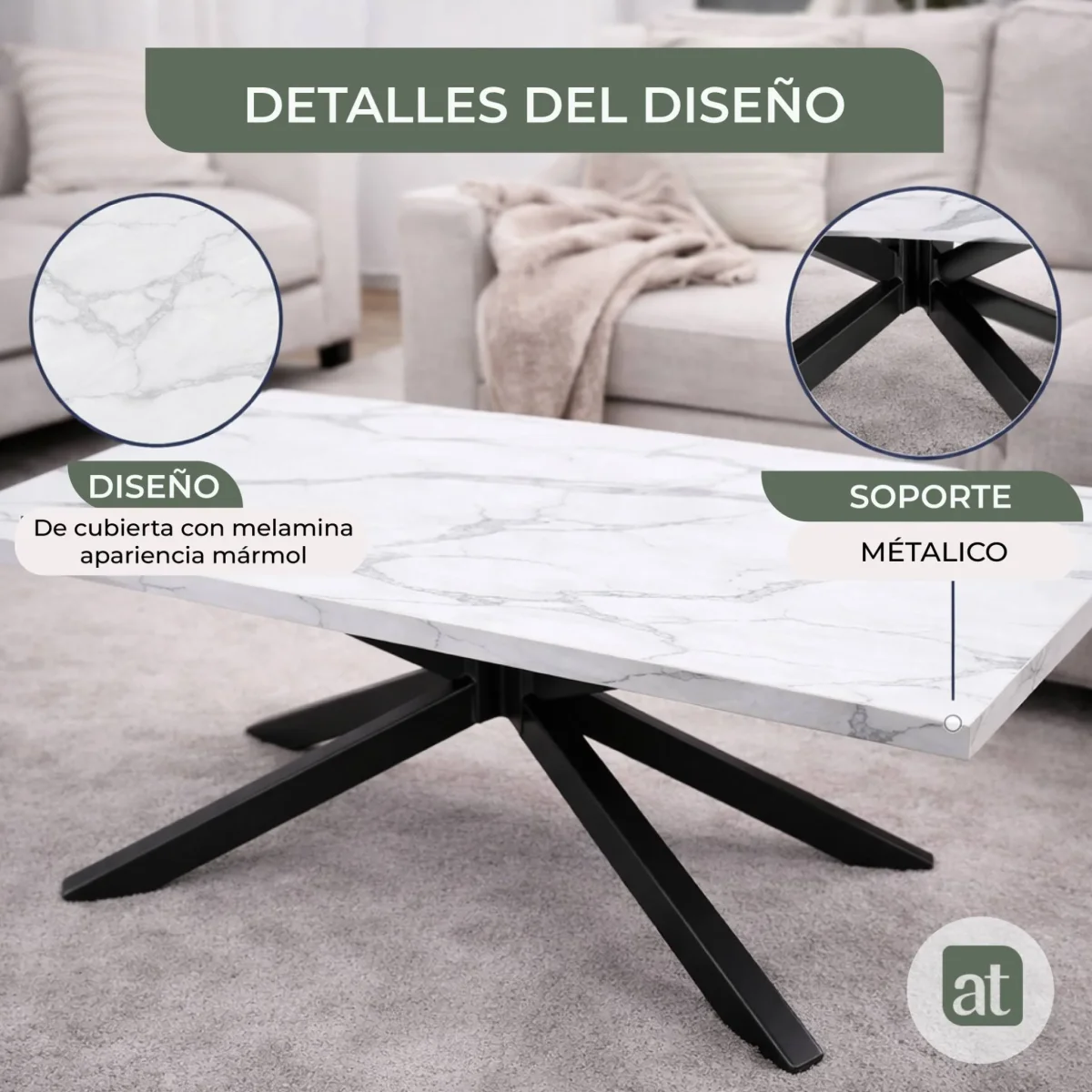 Mesa de Centro Modelo Vera – Efecto Cuarzo Blanco, Patas Gris Oscuro | 110×60×42 cm - Imagen 9
