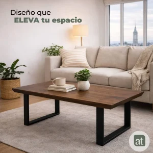 Mesa de Centro Rectangular Modelo Siena – Color Nogal, Diseño en Espiga y Base de Acero | 110×60×43 cm