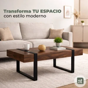 Mesa de Centro Rectangular Modelo Nara – Color Nogal y Estructura de Acero Negro | 110×60×43 cm