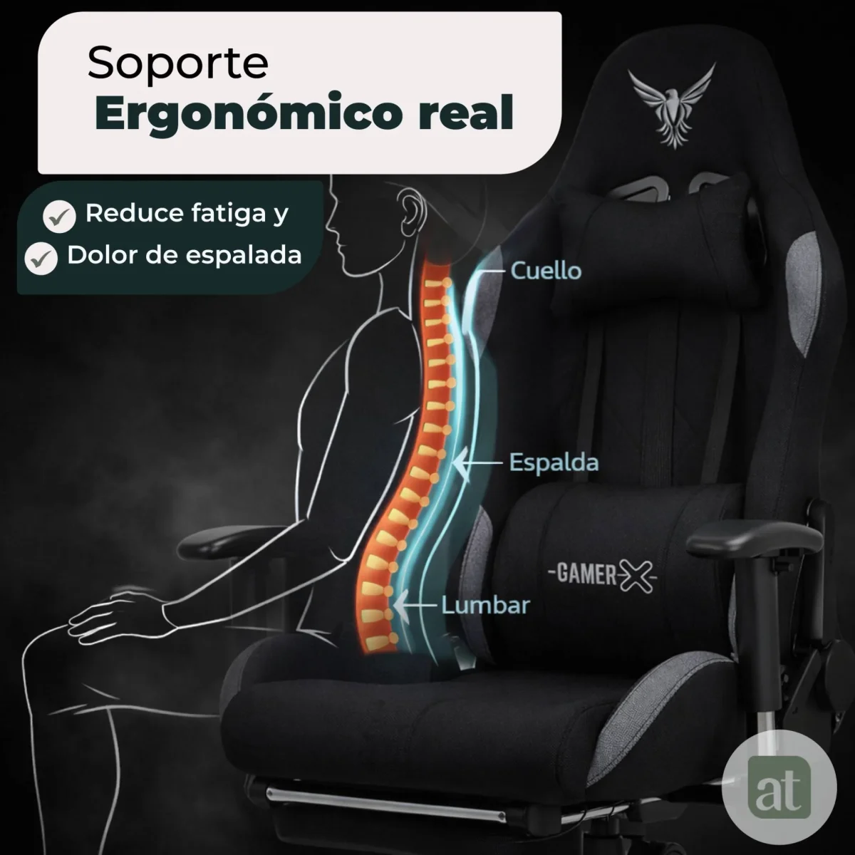 Silla Gamer de Tela Transpirable con Reposapiés y Soporte Lumbar Color Negro - Imagen 6