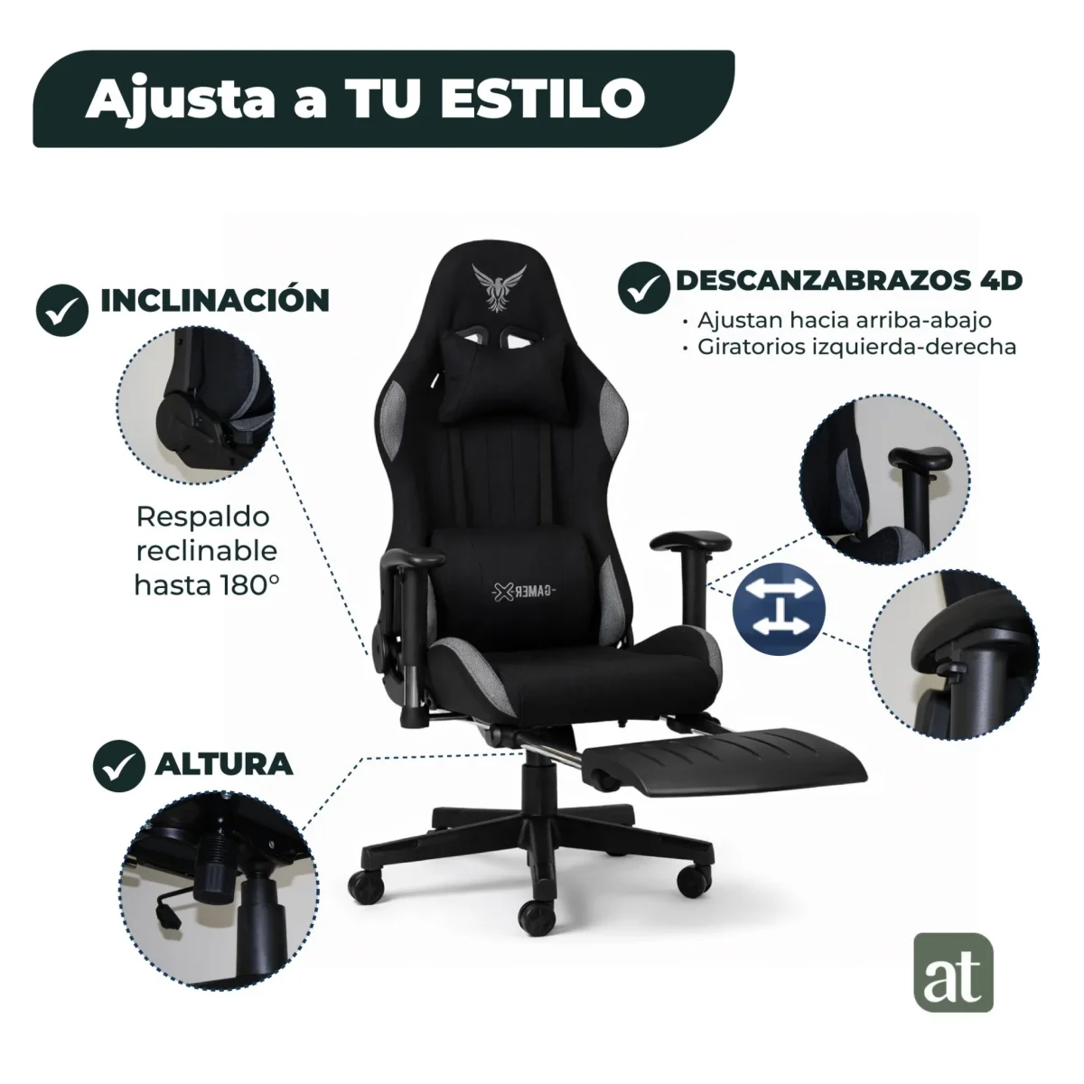 Silla Gamer de Tela Transpirable con Reposapiés y Soporte Lumbar Color Negro - Imagen 4