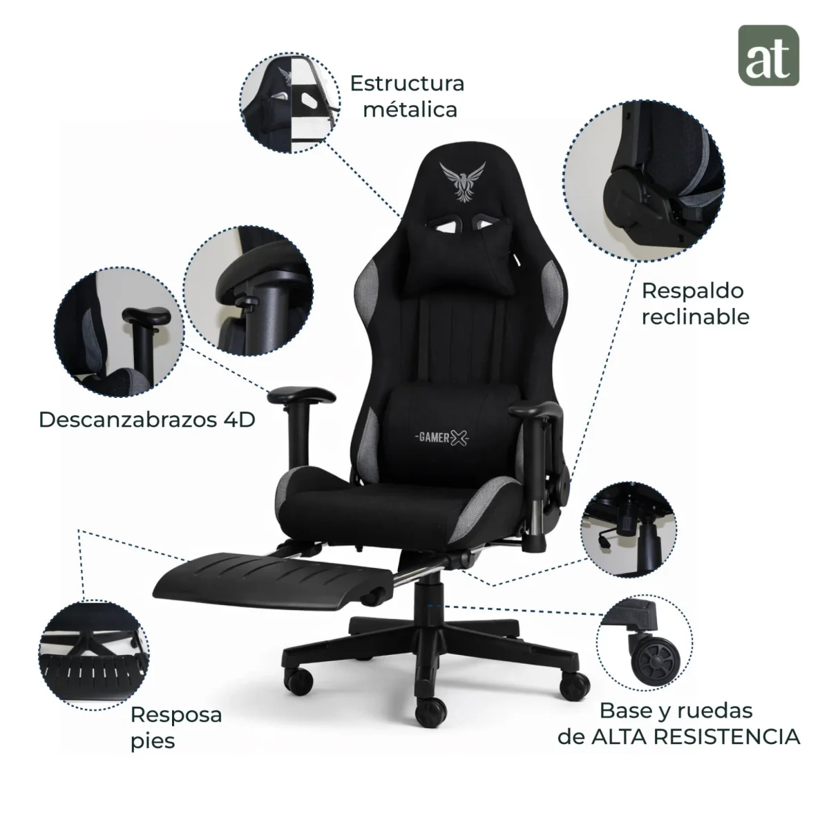 Silla Gamer de Tela Transpirable con Reposapiés y Soporte Lumbar Color Negro - Imagen 5